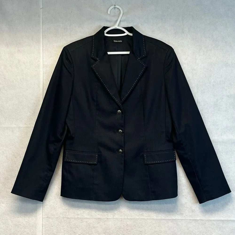 TAHARI Blazer Jacket Women's Size 14 Black Collared Three-Button Single-Breasted - Picture 2 of 13